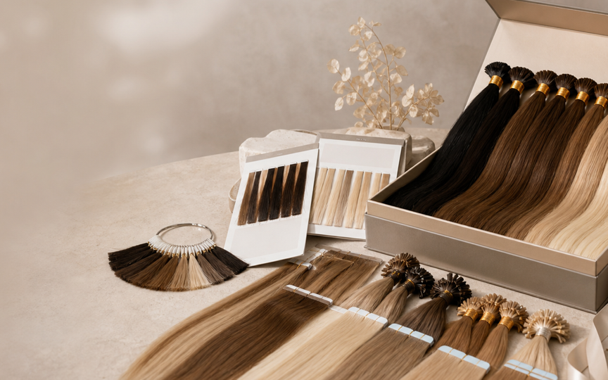 Human hair extension sample kit and colour swatches